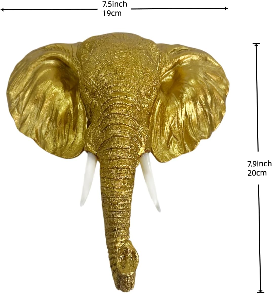Elephant Head Wall Plaque, Lifelike Decorative Figurine, Wild Animal Theme Hanging Decor, 7.5 x 7.9 Inch (Golden)