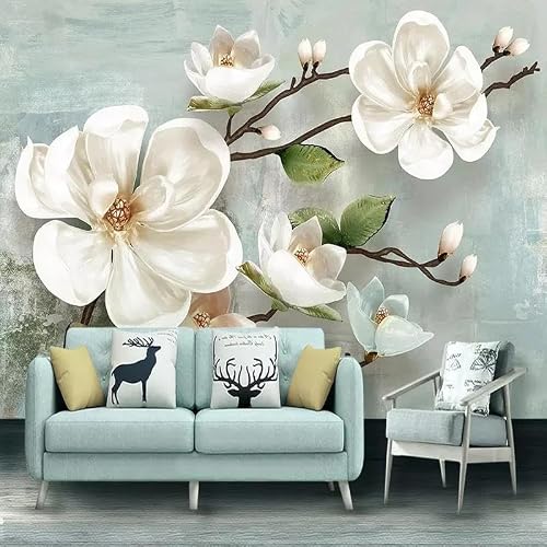 LBHSWWX Large Floral Mural Wallpaper, White Magnolia Flower Design, Silk Fabric, Living Room Background Wall Decor (（W） 320×（H） 210CM)