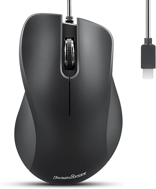 Perixx PERIMICE-221C USB Souris ergonomique filaire de type C - 4.9 Câble Ft - Optique 1200 DPI Conception - Noir...