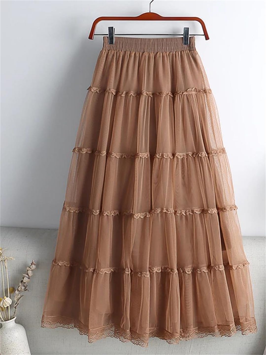 Patchwork Lace Tulle Skirt for Women Spring Summer Elegant Solid Mesh High Waist Midi Long Skirt