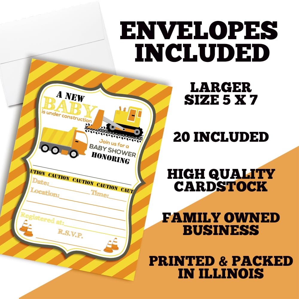 Baby Under Construction for a Boy Sprinkle Baby Shower Invitations, 20 5x7 Fill In Cards with Twenty White Envelopes by AmandaCreation