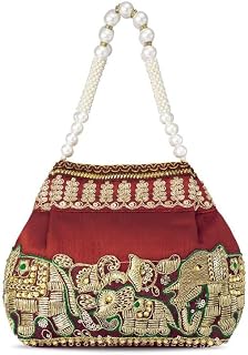 BCODE-Silk Potli Bag with Pearl Handle – Elephant Motif & Gold Embroideryen Price In India