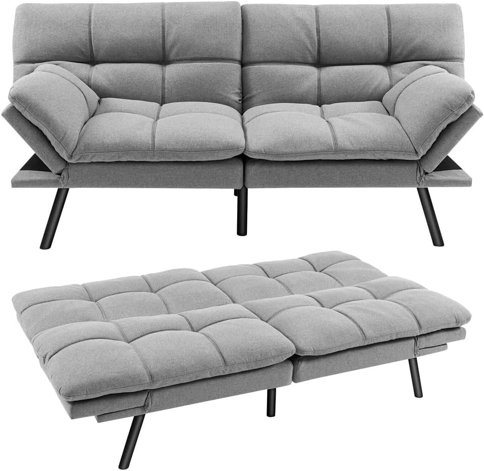 Convertible Futon Sofa Bed Memory Foam Couch Sleeper W/Adjustable Armrest Grey