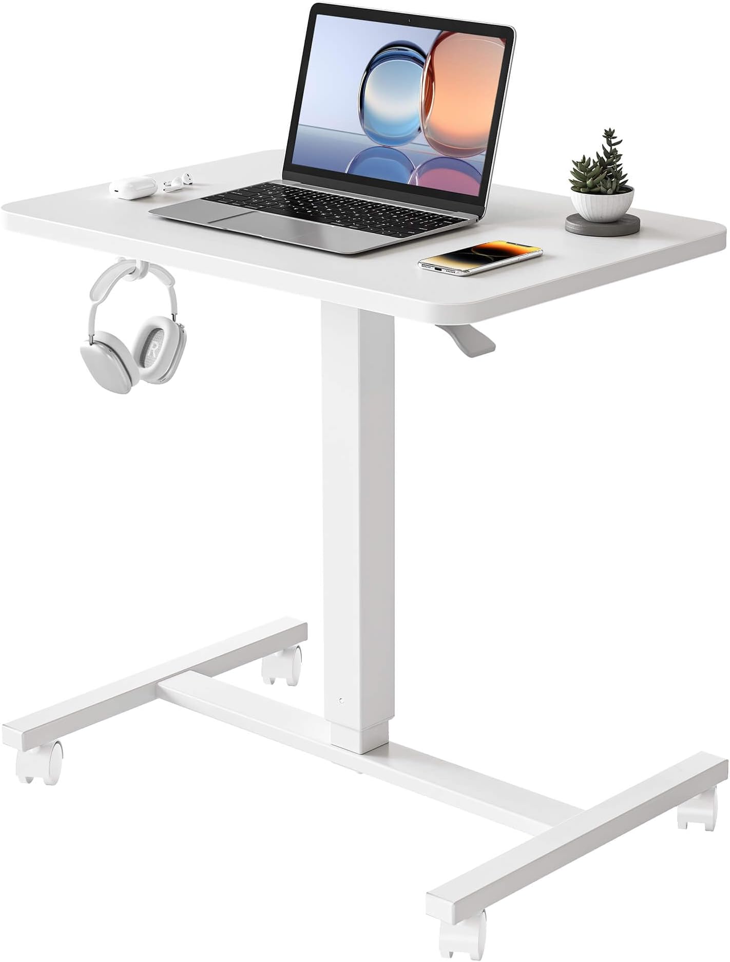 YIHAYO Height Adjustable Gas Spring Standing Desk, Width 23.6 in (60 cm), Depth 15.7 in (40 cm), Telework, Office Desk, Work From Home, Computer Desk, Height Adjustment, With Casters, White Frame