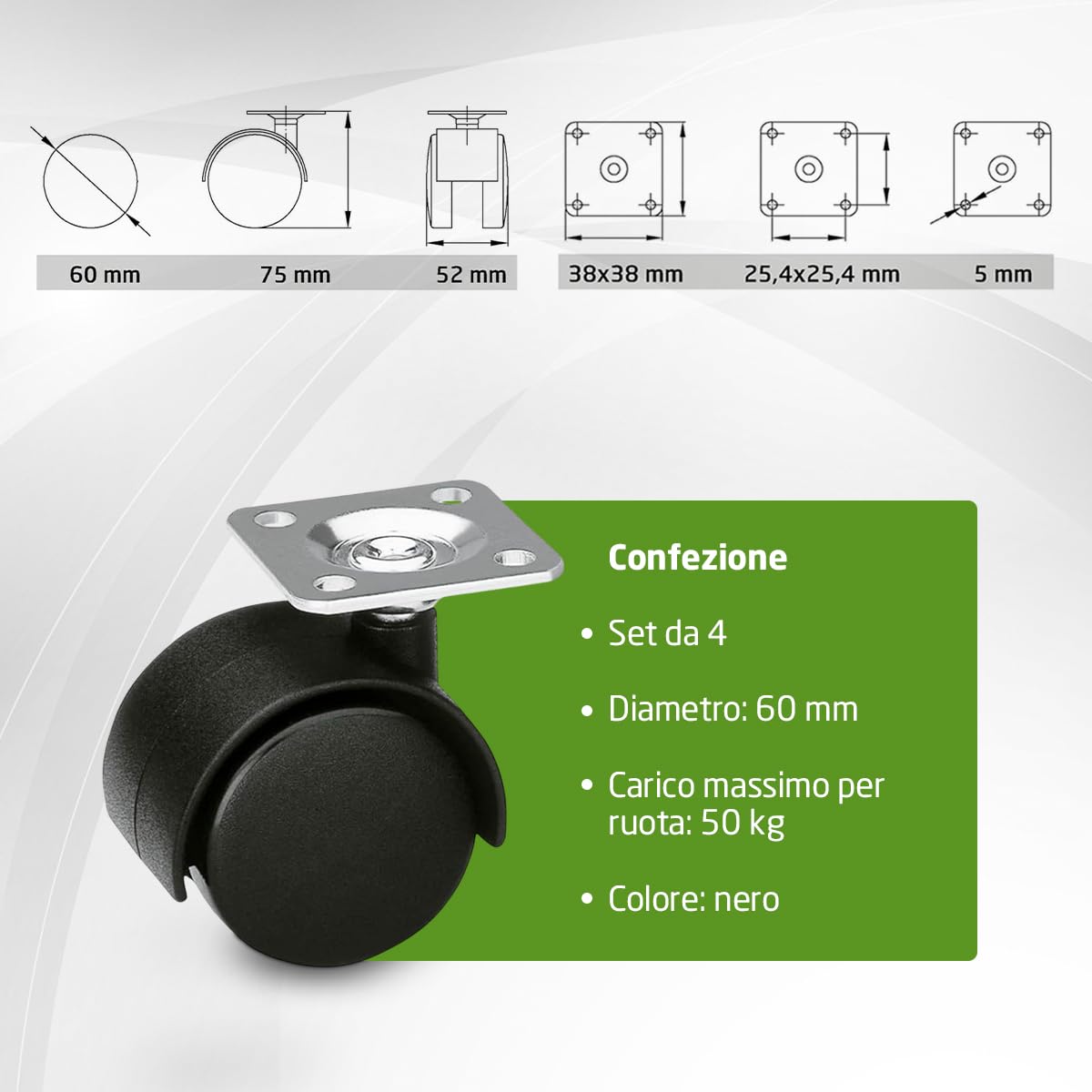 Amig - Set di 4 Ruote per Mobili - 60 mm - Portata Massima per Ruota 50 kg - Piastra in Acciaio - Realizzate in Nylon - Senza Freno - Ideali per Sedie da Ufficio o Tavoli Bassi