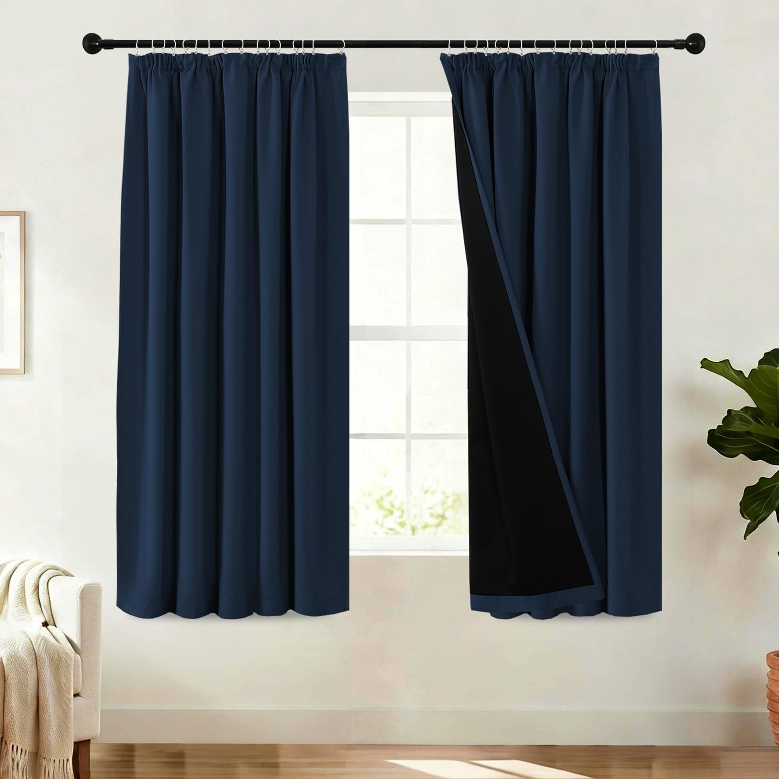 BellaHills 100% Blackout Curtains for Bedroom Thermal Insulated Curtains & Drapes for Living Room Short Window Curtain Pencil Pleat Back Tab Rod Pocket 2 Panels, W66 X L54, Navy