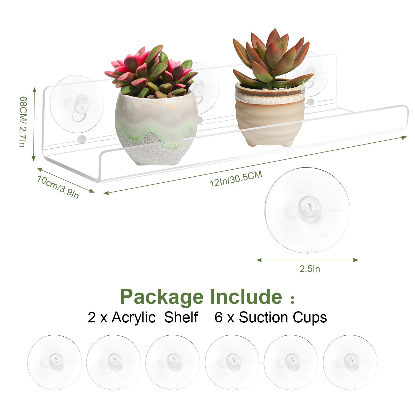 Paquete de 2 estantes de ventana para plantas, estantes de ventosa acrílica de 12 pulgadas para suculentas, macetas de hierbas, micro verdes, organizador de baño, soporte de exhibición y 2