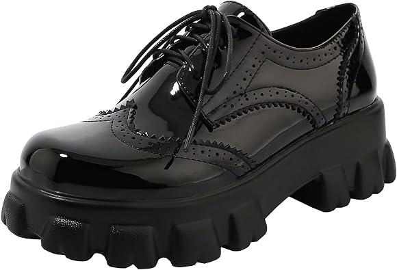 Parisuit Womens Lace Up Wingtip Chunky Oxford Shoes Patent Leather Platform Brogue Pumps