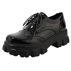 Parisuit Womens Lace Up Wingtip Chunky Oxford Shoes Patent Leather Platform Brogue Pumps