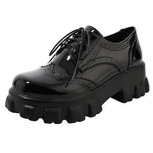 Parisuit Womens Lace Up Wingtip Chunky Oxford Shoes Patent Leather Platform Brogue Pumps