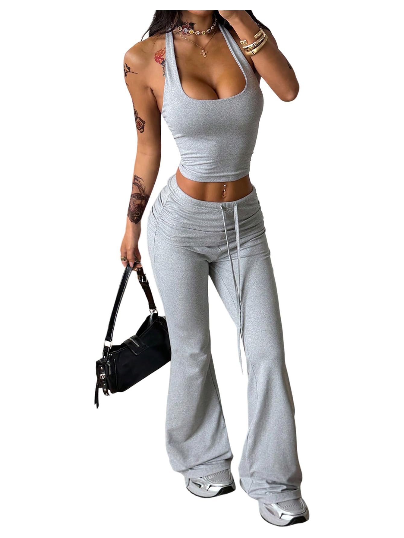 Two Piece Sets for Women Summer Halter Crop Top and Flared Pants Casual Tracksuits Workou…
