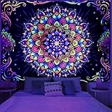 Amtoodopin Blacklight Mandala Tapestry UV Reactive Psychedelic Neon Tapestry Hippie Indian Bohemian Wall Tapestries Aesthetic Floral Tapestries Wall Hanging for Bedroom