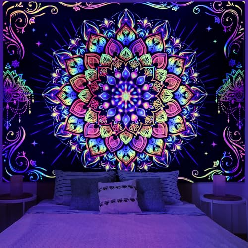 Amtoodopin Blacklight Mandala Tapestry UV Reactive Psychedelic Neon Tapestry Hippie Indian Bohemian Wall Tapestries Aesthetic Floral Tapestries Wall Hanging for Bedroom