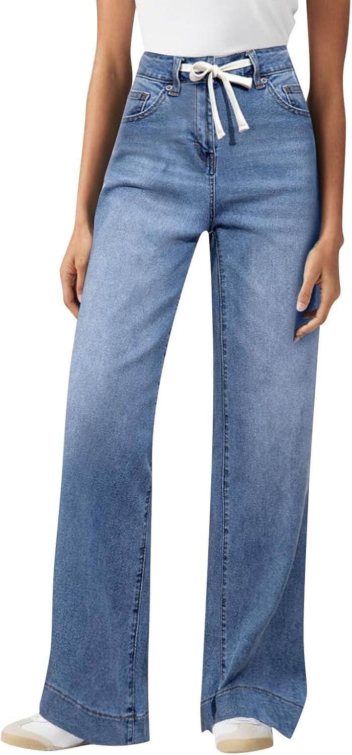 JOFOW Woman's Wide Leg Jeans Baggy Plus Size Denim Pants Vintage High Waisted Jeans with Pocket