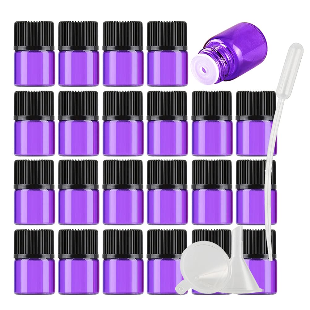 100 Piezas 1ml Botellas Vacías de Aceite Esencial de Vidrio Morado con Tapa de Rosca Frascos de Vidrio de Muestra con Reductor de orificio para Cosmético, Aromaterapia, Viajes