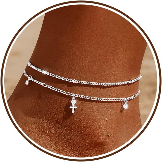 Sterling Silver Ankle Bracelets for Women 14K Gold Waterproof Layered Stackable Bead Chain Cross Charm Non Tarnish Large Adjustable Anklet for Summer Beach Jewelry Gift