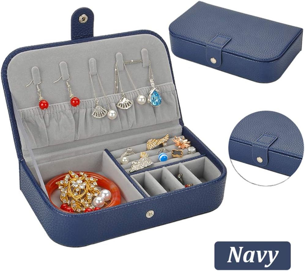 QBeel Travel Jewelry Box, Litchi Leather PU Jewelry Organizer Portable Jewelry Storage Case for Necklace Earrings Rings Bracelets - Navy