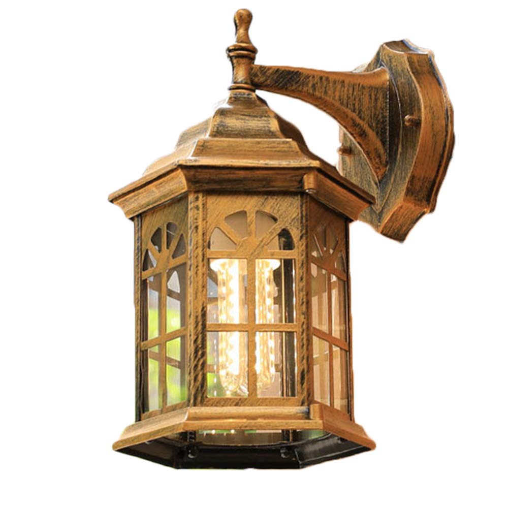 HELCEKOU Vintage Lantern Wall Light Waterproof Outdoor Lamp for Porch Patio Retro E27 Exterior Metal Glass Sconces Courtyard Balcony Garage Hallway Corridor Golden
