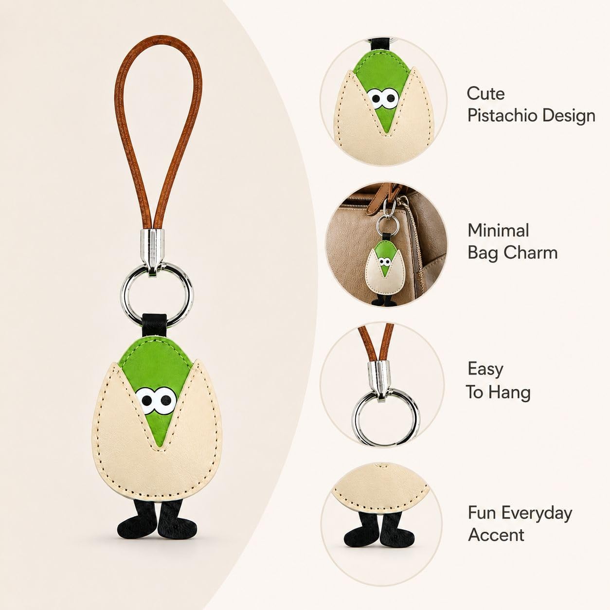 Cute Leather Bag Charm for Handbag Tote Bag Pistachio Coffee Beans Funny Keychain for Women image 2
