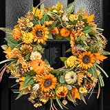 24 Inch Fall Wreaths for Front Door Outside with Sunflowers,Pumpkins,Leaves