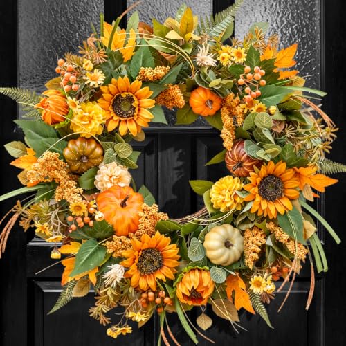 24 Inch Fall Wreaths for Front Door Outside with Sunflowers,Pumpkins,Leaves