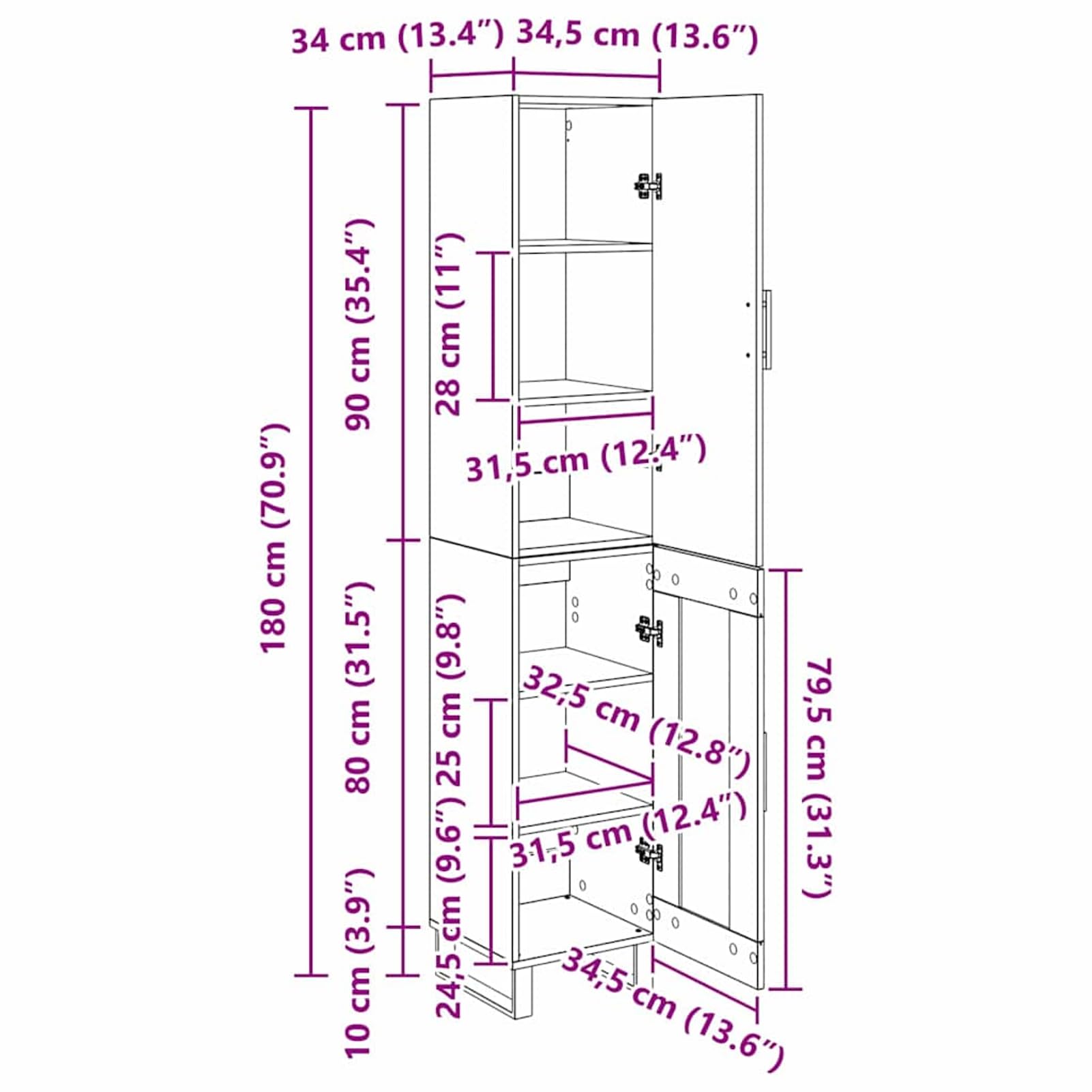 Armadio alto in legno, 34,5 x 34 x 180 cm, effetto rovere nero, con 2 ante, armadio minimalista per soggiorno e cucina