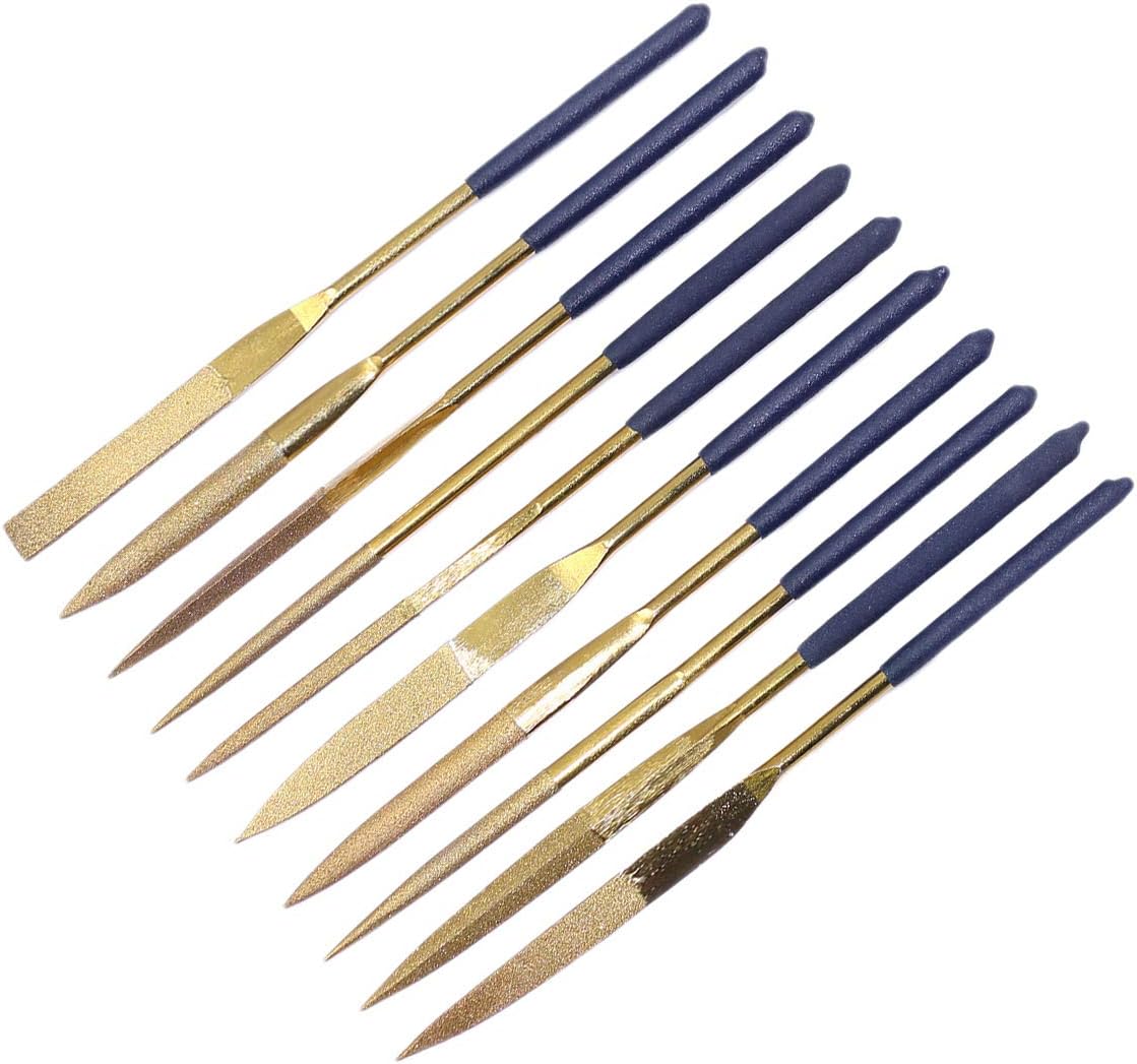 YAKAMOZ 10Pcs Titanium Small Diamond Needle File Set 4x160mm Mini Round Square Flat Shape Riffler Files Precision Hand Tools for Metal Glass Wood Stone Jewelry