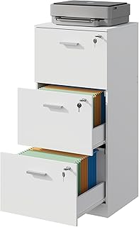 DEVAISE Aktenschrank, Abschließbar Büroschrank für Homeoffice, Druckerständer mit 3 abschließbaren Schubladen, Verstellbare Hängeregister für A4 und Letter, Weiß
