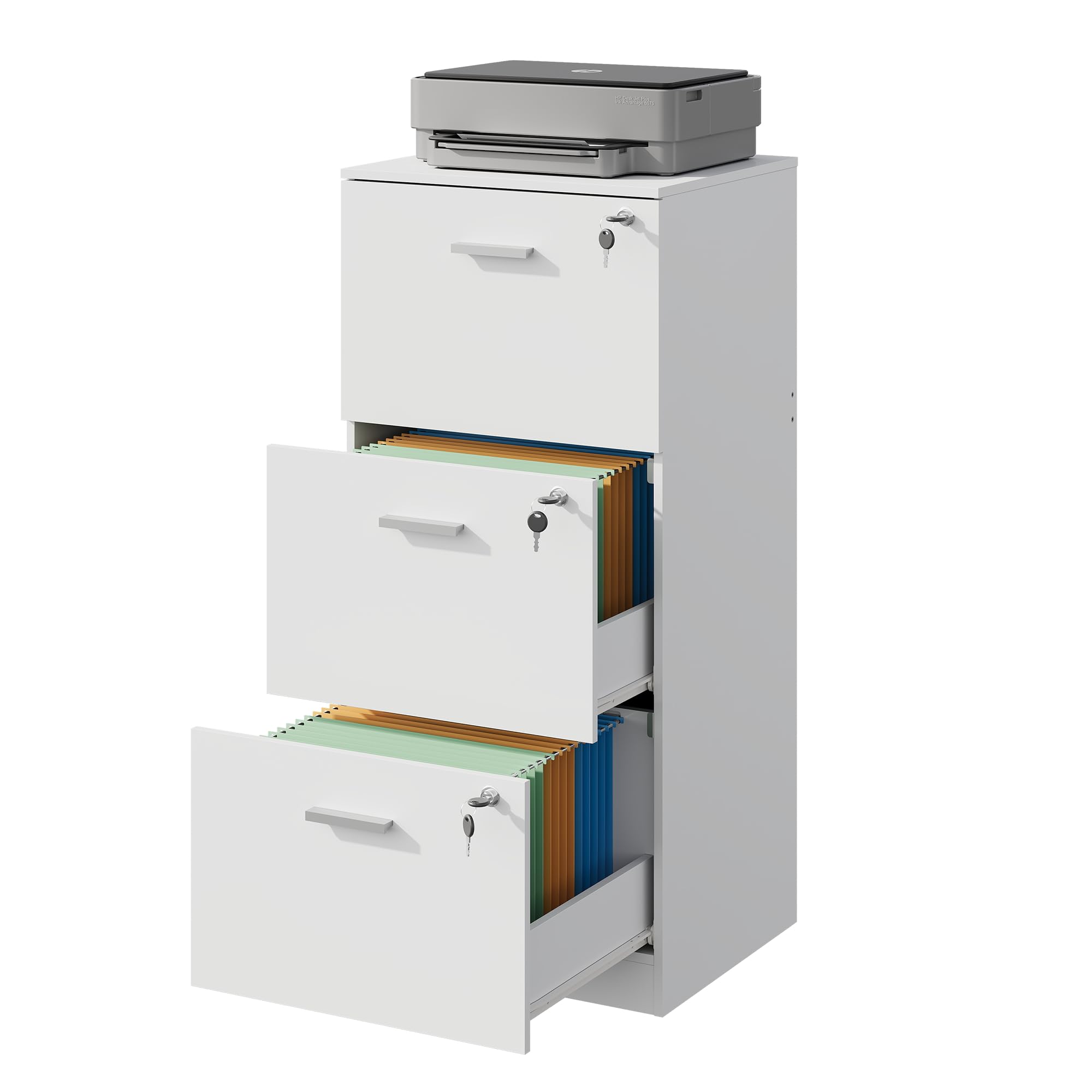 DEVAISE 3 Drawer Lockable Filing Cabinet for Home Office, Office Cabinet with Lock, Printer Stand with Adjustable Hanging File Rails for A4 & Letter Files, Wooden File Storage Cabinet, White