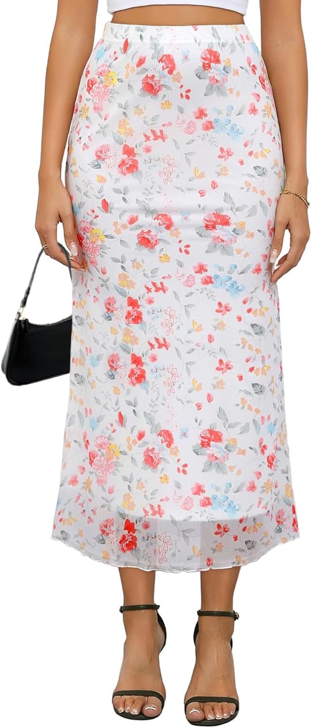 Women's Y2k Mesh Midi Skirt Elastic High Waisted Floral Print Bodycon Mermaid Long Skirts for Women