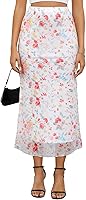 Yewanka Women's Y2K Floral Mesh Midi Skirt - High Waisted Elastic Bodycon Mermaid Long Skirt