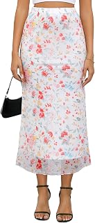Yewanka Women's Y2K Floral Mesh Midi Skirt - High Waisted Elastic Bodycon Mermaid Long Skirt