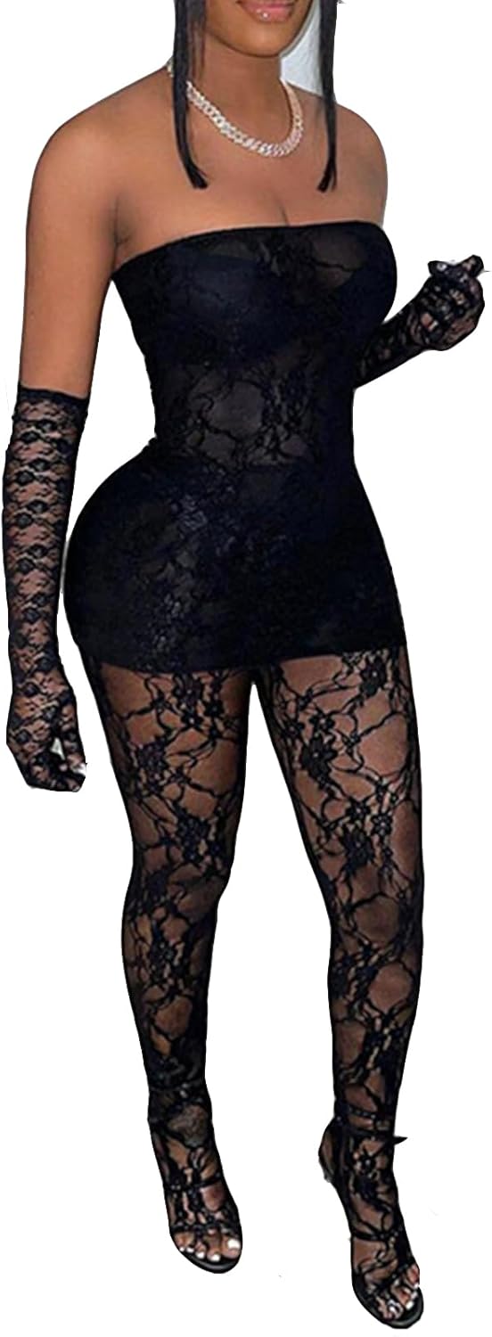 Mojessy 2 Piece Outfits for Women Sexy Lace Tube Mini Dress Top with Stockings Legging Set Birthday Outfits