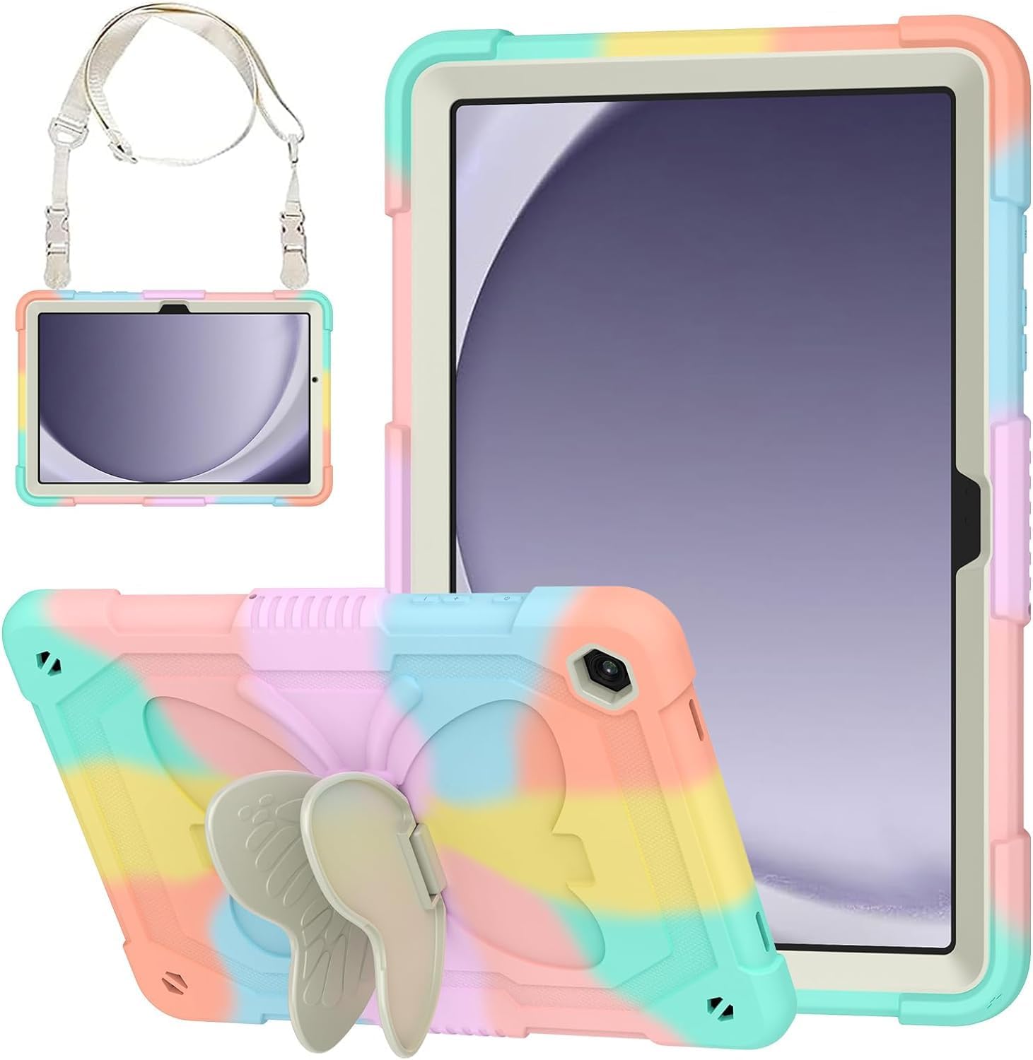 Samsung Galaxy Tab A9 Plus Case 11 Inch 2023 for Kids Girls with Butterfly Wings Kickstand & Hand Shoulder Strap | Rugged Protective Case for Galaxy Tab A9 Plus 2023 SM-X210/X216/X218 - Rainbow