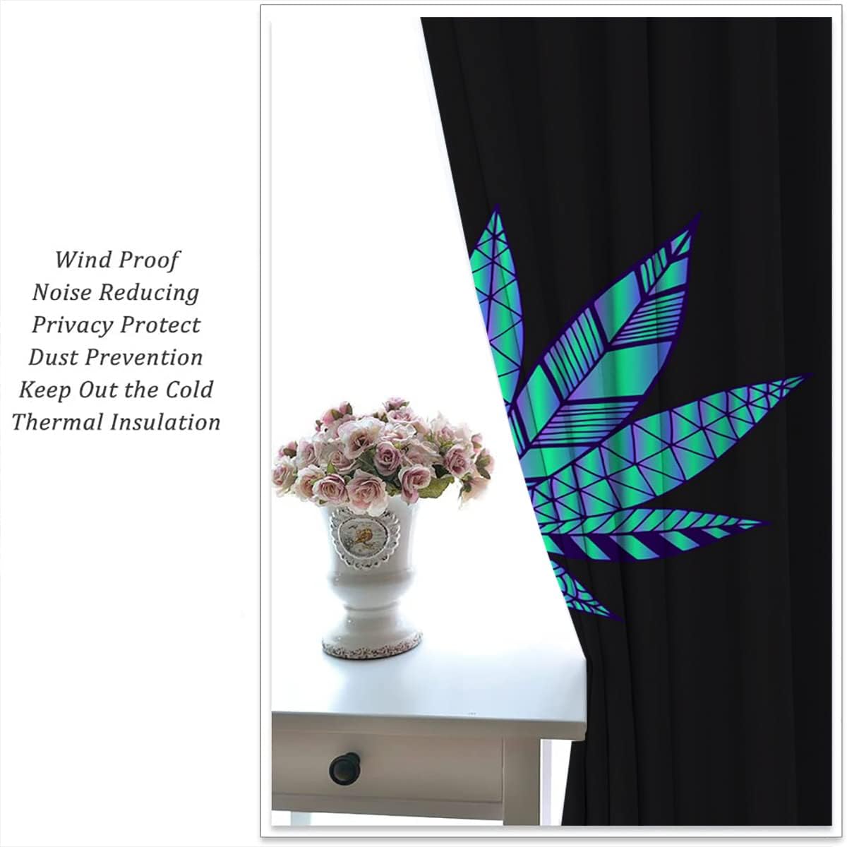 Cannabis Leaf Blackout Curtains for Boy Girl Bedroom Living Room Darkening Decor, Abstract Psychedelic with Marijuana Leaf Weed Rod Pocket Thermal Insulated Window Curtain/Drapes 2 Panel, 55x63 Inch