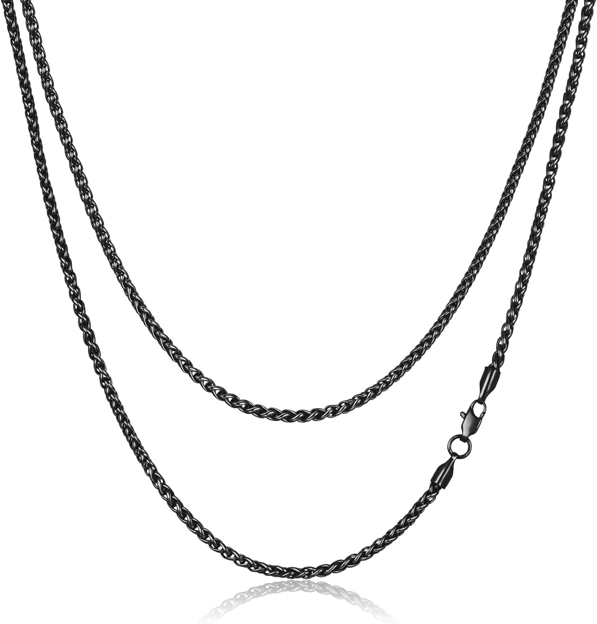 Black Stainless Steel Wheat Chain Necklace for Men and Women, 2.5mm/3mm/4mm/5mm Mens Chains, 18-30 Inches
