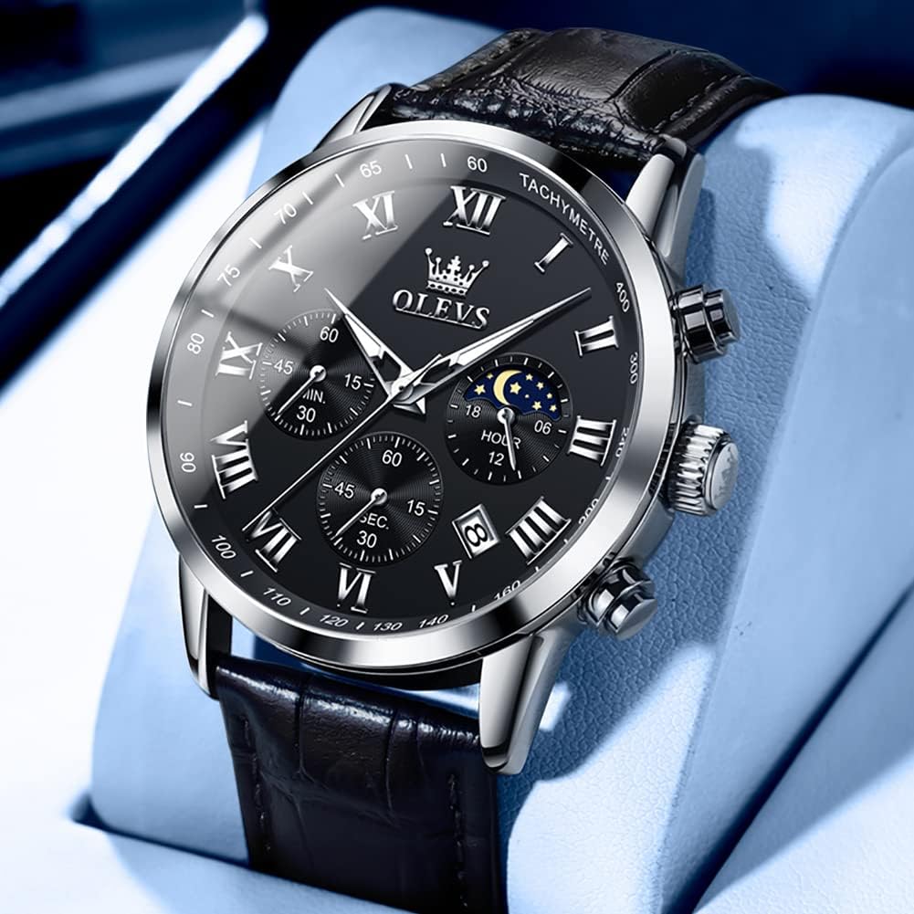 OLEVS Leather Watches for Men, Large Face Waterproof Classic Watches for Men, Casual Round Watch with Date, Luminous Easy Read Mens Dress Watch, Blue/Black/White Dial