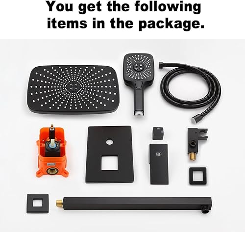 Miniatura 8 de POP SANITARYWARE Juego de grifo de ducha negro mate para baño, sistema de cabezal de ducha de 12 pulgadas, montaje en pared, accesorio de ducha de