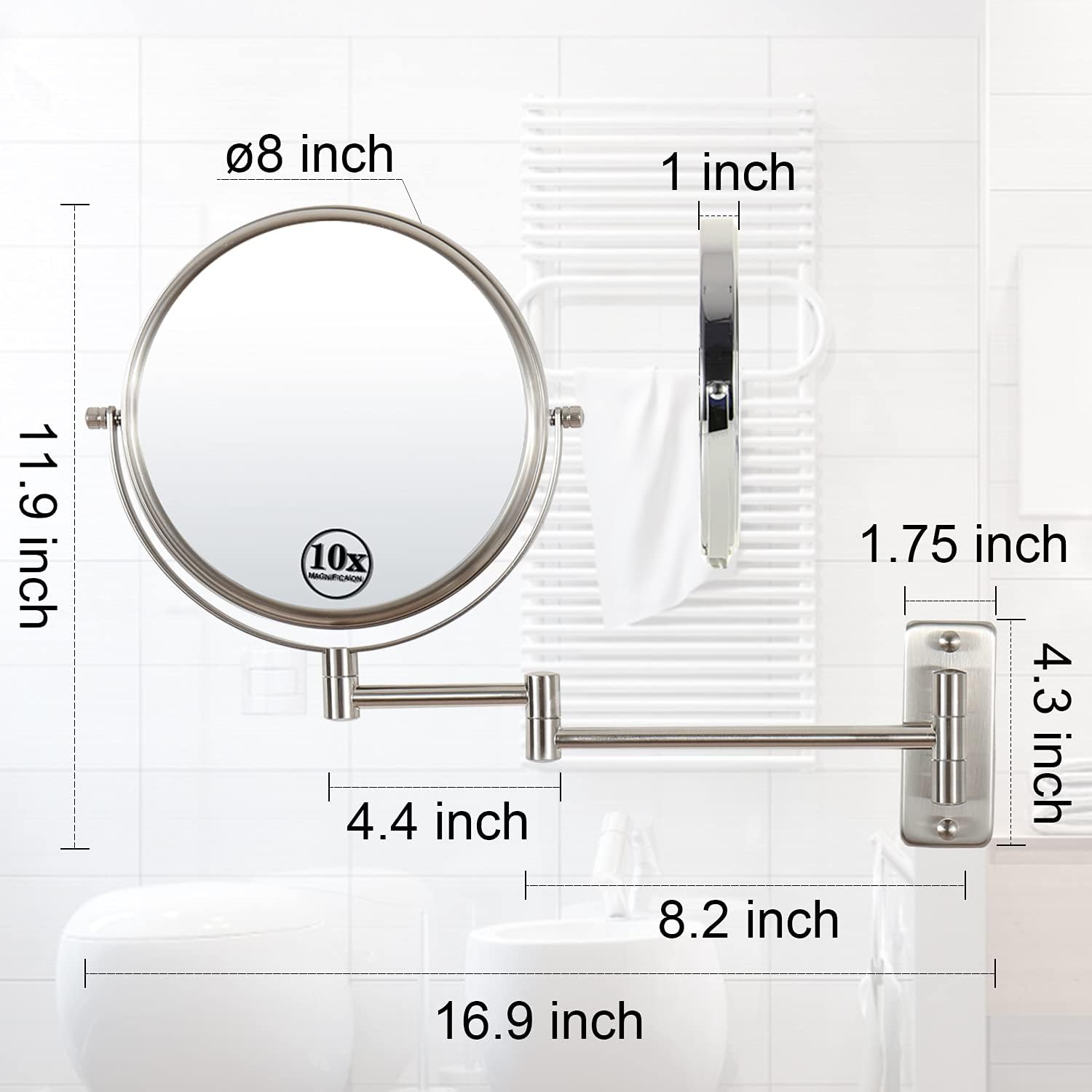 LANSI Wall Mounted Makeup Mirror, 1x/10x Double-Side Magnifying Mirror 8 Inch Vanity Mirror, 360° Extendable Arm Wall Mirror, Bathroom Mirror for Makeup or Shaving Nickel