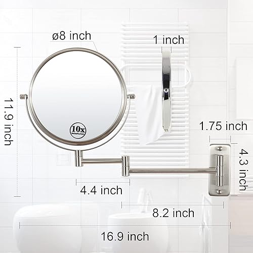 Miniatura 2 de LANSI Espejo de maquillaje montado en la pared, espejo de aumento de doble cara 1x10x, espejo de tocador de 8 pulgadas, espejo de pared de brazo