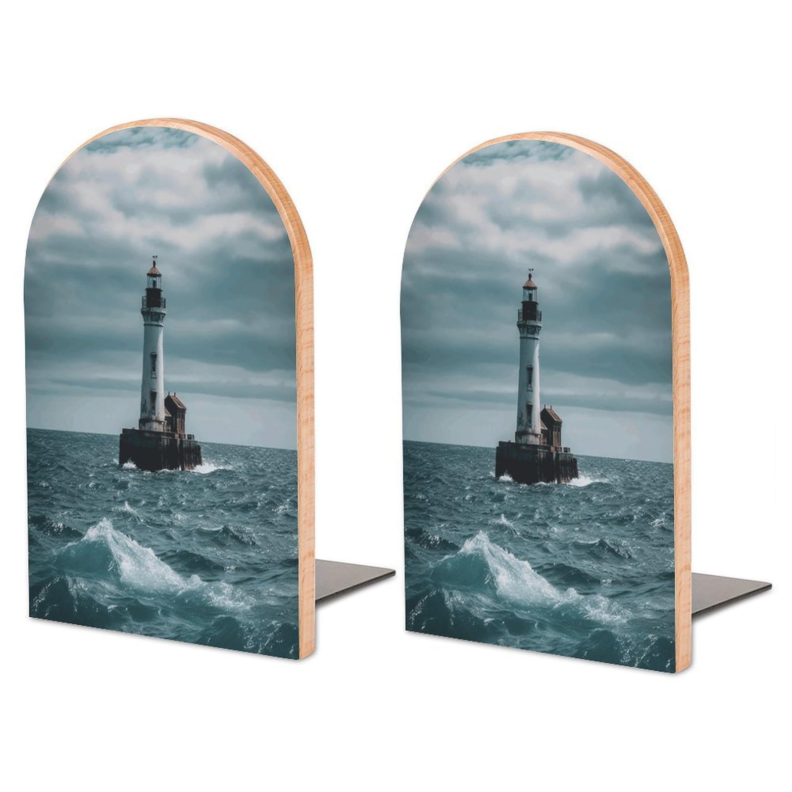 Lighthouse Ocean Bookend for Shelves Non-Skid Book Holder Modern Heavy Duty Bookend Stopper Metal Base Wood Book End Books Shelf Holder Home Decorative 1pair 6.7x3.9x4.7