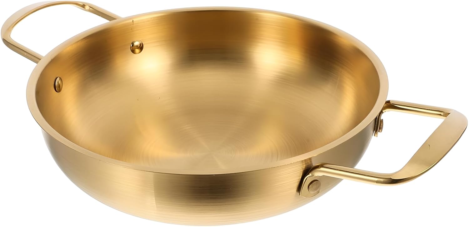 Alark Gold Paella Food Serving Korean Ramen Pans Skillet Pan Stainless Steel and Cooking Pots Stir Fry Pan Omelet Pans Small Induction Pot for Soup, Noodle, Pasta, Home and Outdoor, Dishwasher Safe
