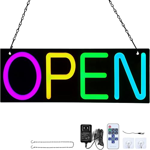 VEVOR Letrero LED abierto, 20 x 7 pulgadas, letrero abierto de neón para negocios, brillo ajustable, luces de neón multicolor con control remoto y