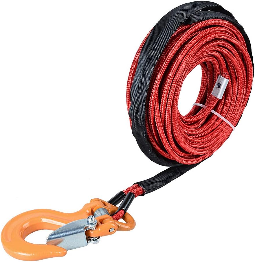 Recovery Towing Winch 50' x 1/4" 7000lbs RED Synthetic Winch Rope w/Yellow Heavy Duty Half-Linked Hook ATV Accessories UTV SUV KFI Boat
