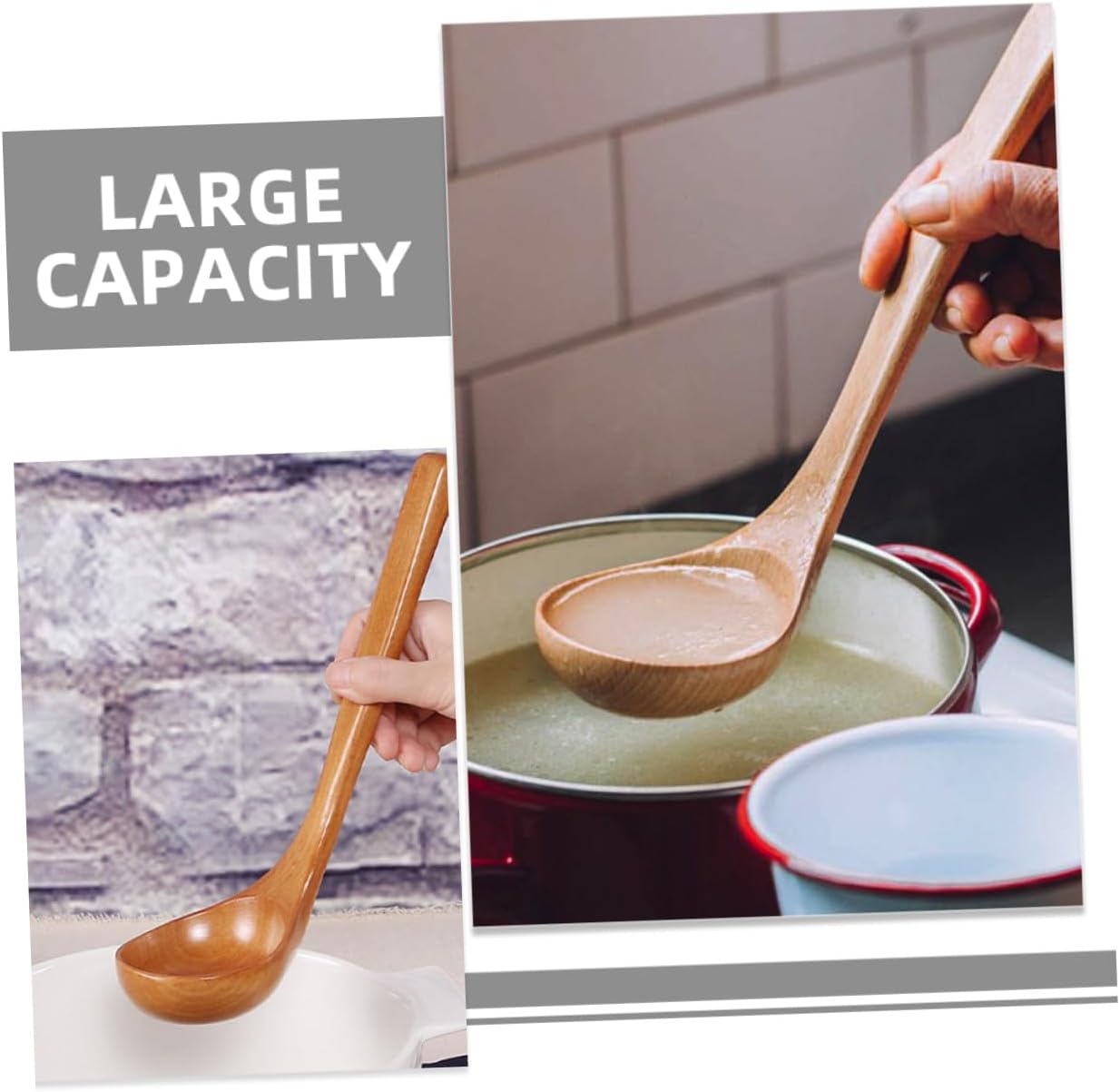 Large Wooden Soup Ladle with Long Handle, Khaki, One Piece