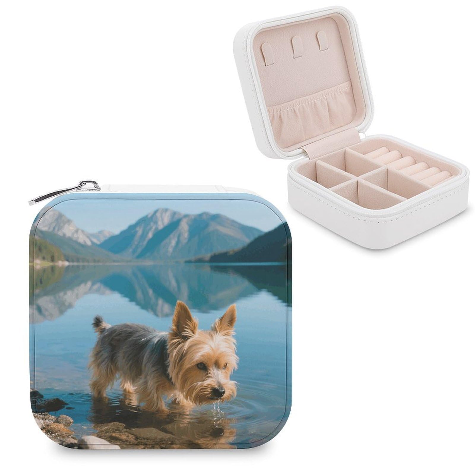 VstaDank Yorkshire Terrier by Lake Jewelry Box for Women Jewelry Organizer Storage Case with Zipper Mini Travel Jewelry Case Cute Trinket Organizer Leather Portable Jewelry Storage Box