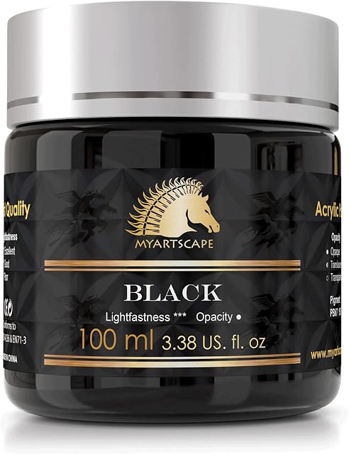 MyArtscape Black Acrylic Paint - 100ml Bottle (3.38 fl oz) - Resealable Jar - Artist Quality - Lightfast - Heavy Body - Great Tinting Strength - Professional Painting Supplies