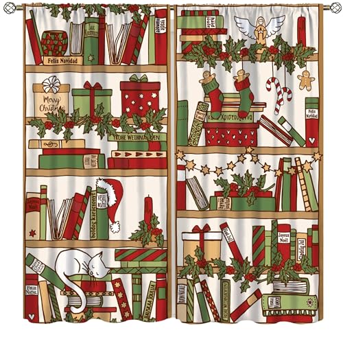 YCness Bookshelf Curtains, Vintage Library with Books Window Treatments for Kids Bedroom, Wooden Wooden Antique Bookcase Drapes 2 Panel Sets,42x54 Inch, Style-6