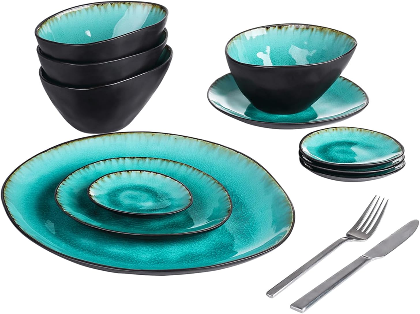 vancasso Aqua Blue Dinner Set, Irregular Oval Plate Bowl Set Stoneware Vintage Look Ceramic, 11 Pieces Serving Dish Set with 1 Serving Platter, 2 Dessert Plates, 4 Bowls and 4 Saucers