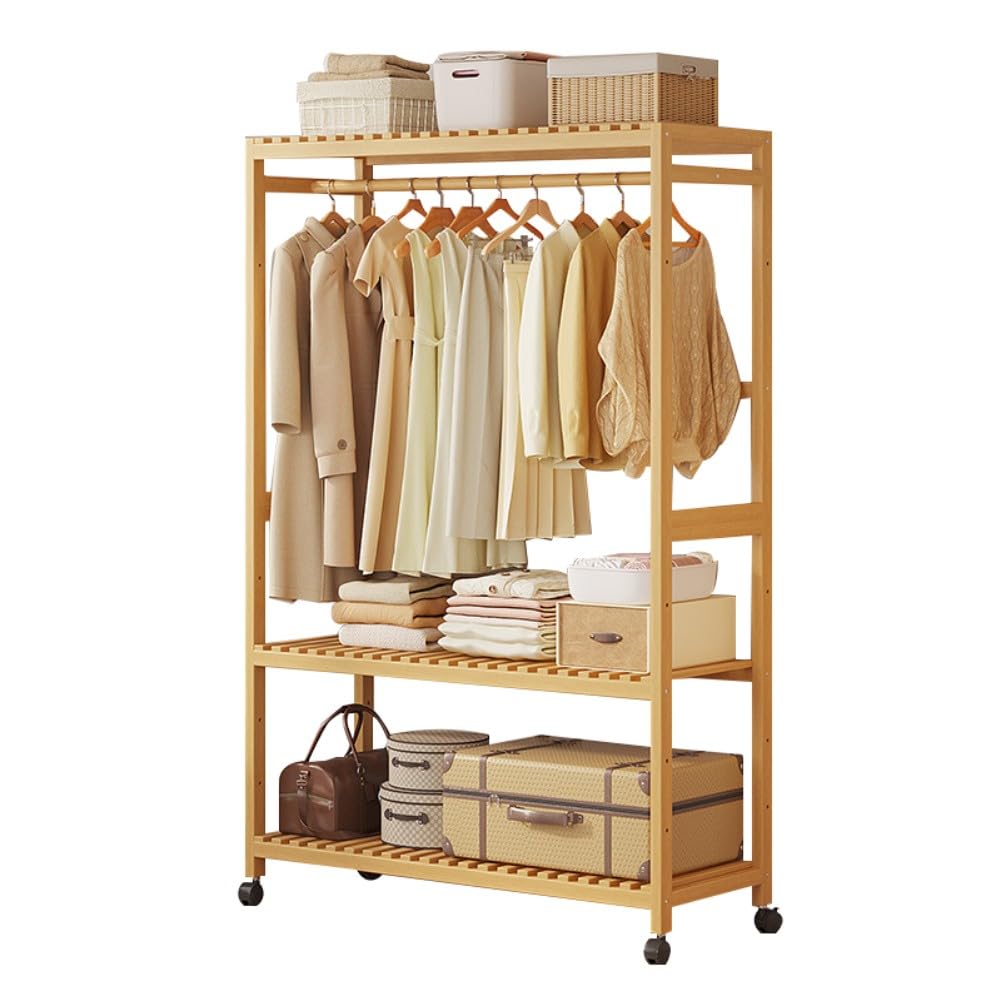 2-Tier Bamboo Abbigliamento Rack con ruote, robusto supporto per camera da letto, facile montaggio armadio mobile con supporto per lo stoccaggio della scarpa, ambiente di abbigliamento salvaspazio per